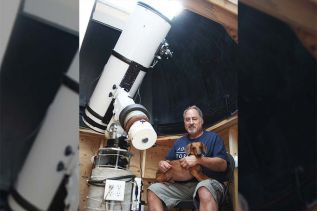 Gary Colwell has some new toys including a MallinCam system that is specially designed to take pictures that aren’t fuzzy. He’s pictured here at his home observatory with his new 12” telescope along with Bear, the cosmic dachshund. Photo/Craig Bakay
